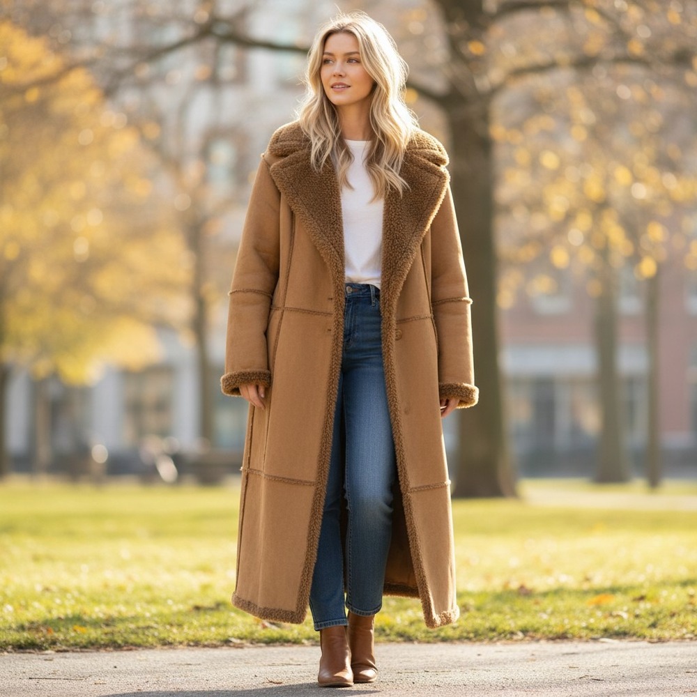 Centrigrade Faux Suede Shearling Coat Vintage Tan Long Button Front Large